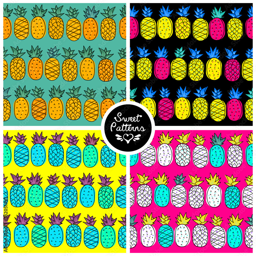 Set of seamless summer pattern with tropic pineapple For teenagers