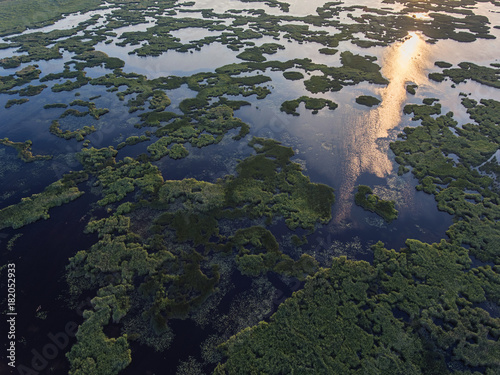 Aerial view over Zuvintas shallow lake Nature Reserve in Lithuania. During late summer evening. photo