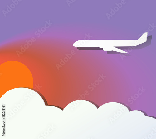 Paper art. Airplane flying in sky at sunrise. Travel.