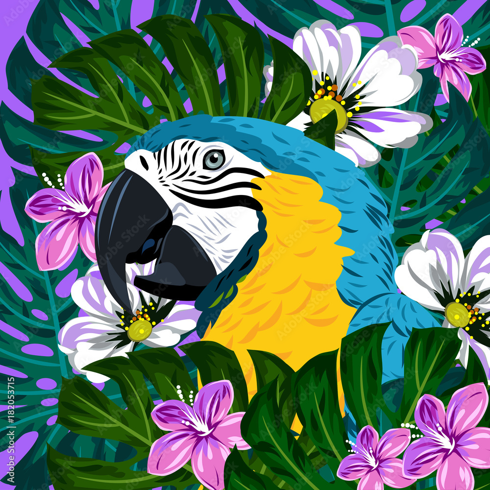 Naklejka premium Portrait of a macaw parrot in thickets of tropical flowers