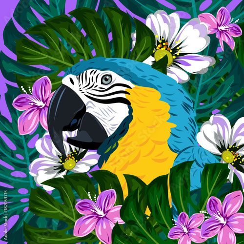 Portrait of a macaw parrot in thickets of tropical flowers
