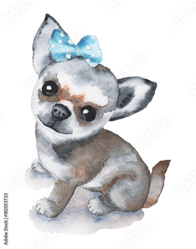 Watercolor small dog with a blue bow