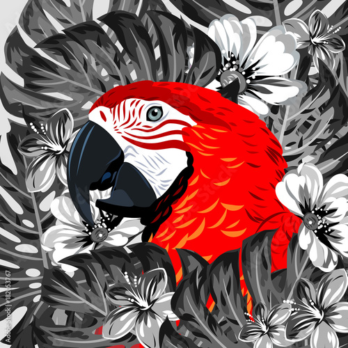 Portrait of a macaw parrot in thickets of tropical flowers