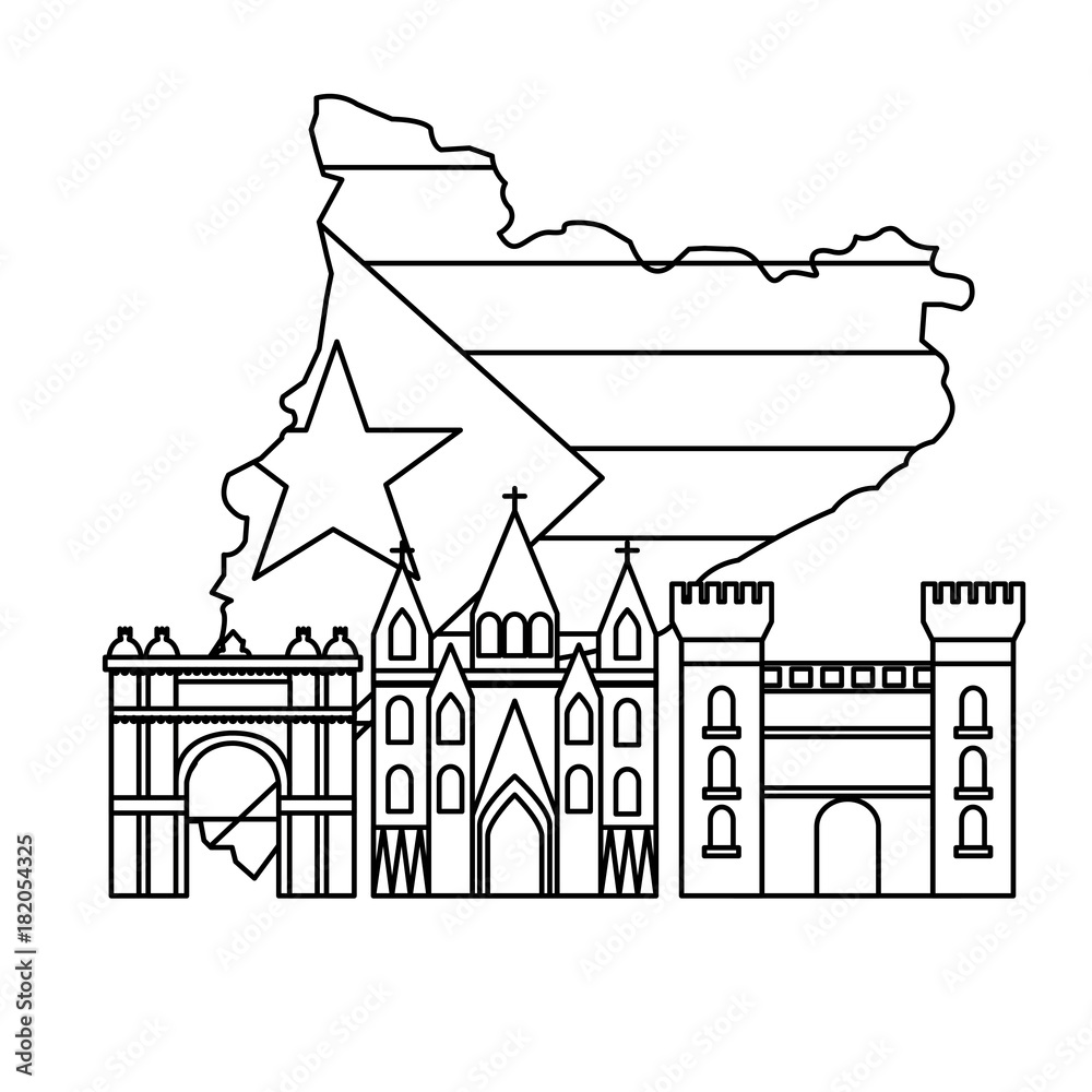 catalunya flag and country outline with landmarks icon image vector illustration design 