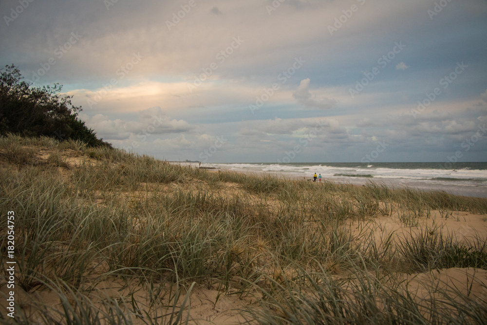 Grassy sand dunes against a moody late afternoon sky