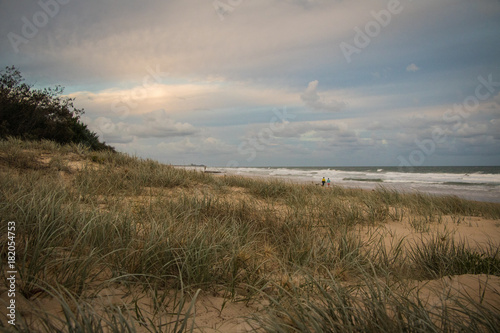 Grassy sand dunes against a moody late afternoon sky