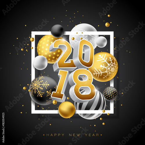 Happy New Year 2018 Illustration with Gold 3d Number and Ornamental Ball on Black Background. Vector Holiday Design for Premium Greeting Card, Party Invitation or Promo Banner.