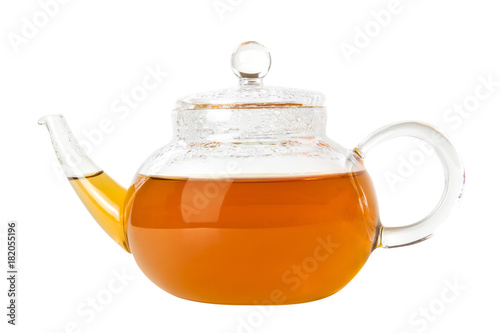 Teapot full of vibrtant tea, isolated on white, side view