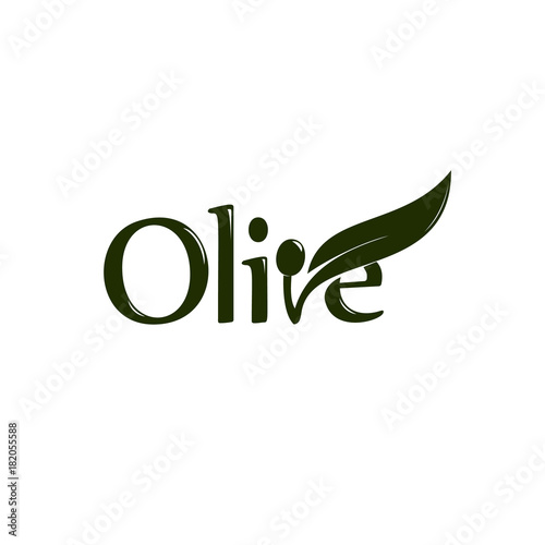 Olive oil label, organic product. Vector olive branch with leaf and drupe, vector logo.