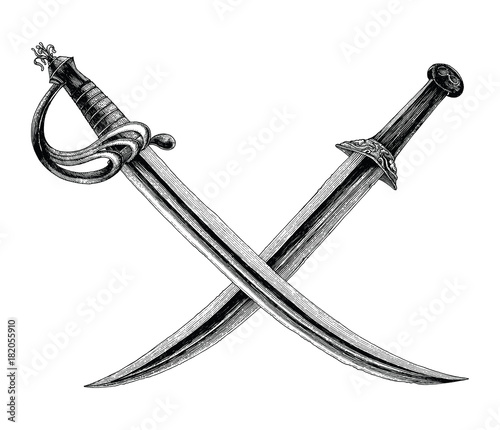 Crossed swords,Pirate symbol,Logo hand drawing vintage style isolate on white background