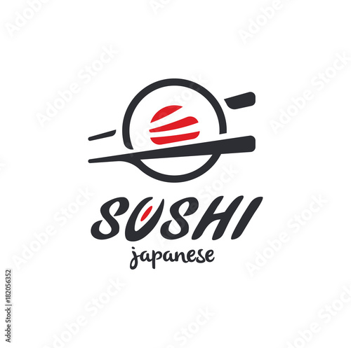 Sushi and rolls with chopstick bar or restaurant vector logo template. Japanese or chinese traditional cuisine, tasty food icon. Abstract black and red color for asian emblem.