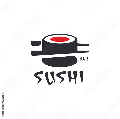Sushi and rolls with chopstick bar or restaurant vector logo template. Japanese or chinese traditional cuisine, tasty food icon. Abstract black and red color for asian emblem.