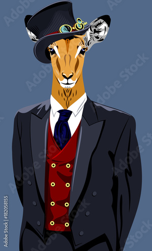 Portrait of gazelle in the men's business suit and hat