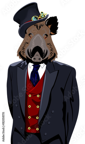 Portrait of boar in the men's business suit and hat