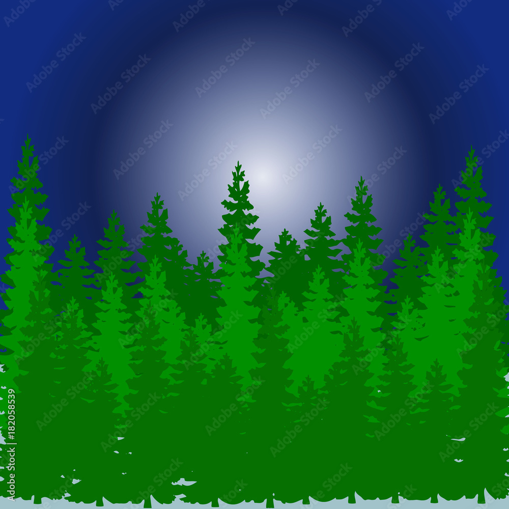 Fototapeta premium Forest from a Christmas tree, at night in winter, cartoon on a white background,