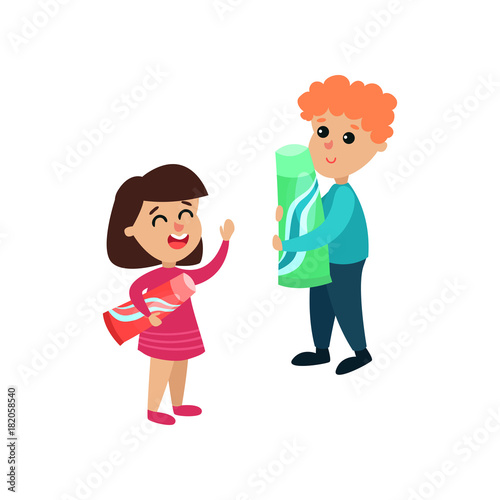 Cute little boy and girl characters standing with toothpaste cartoon vector Illustration
