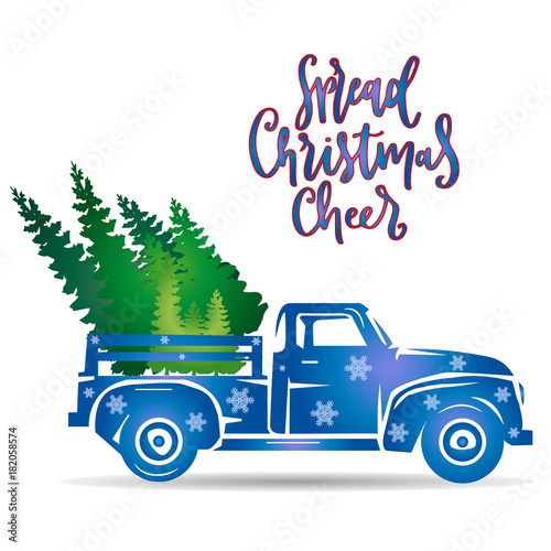 New year blue truck, (decorated with snowflakes), bear Christmas tree, cartoon on white background,