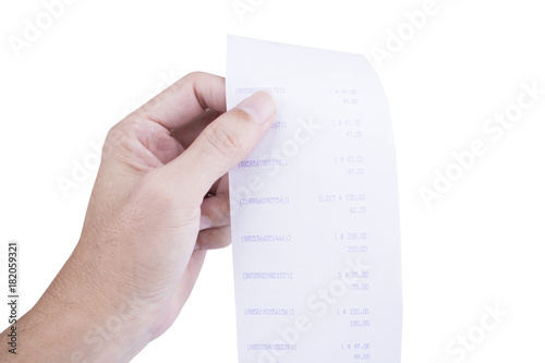 Man hand checking a bill and a long receipt of supermarket/mall for background