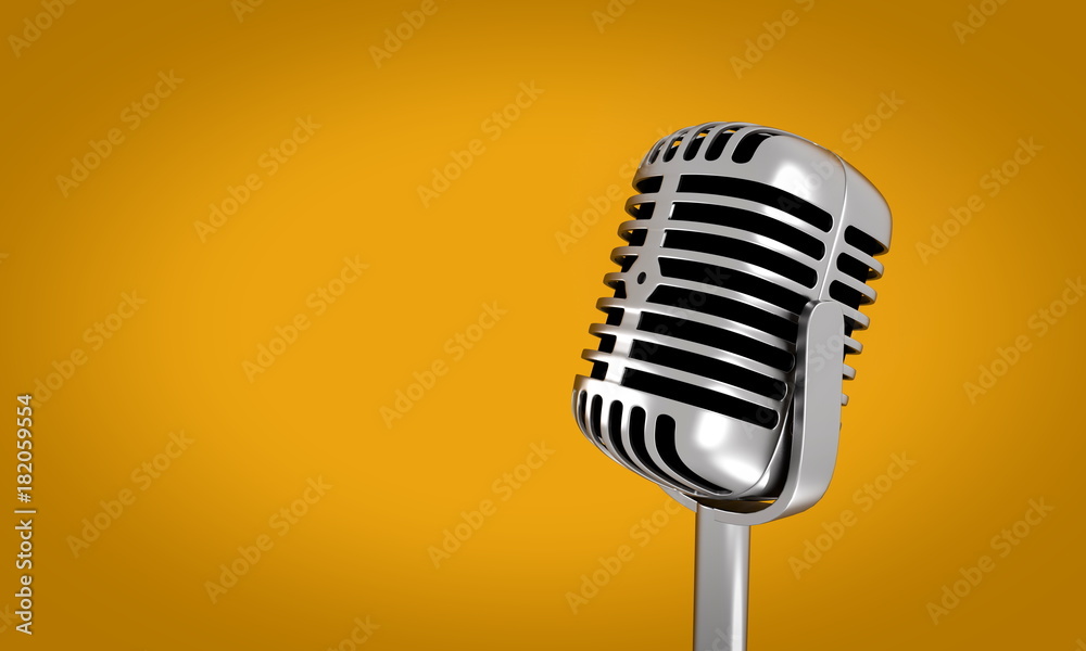 Fototapeta premium Vintage silver microphone on yellow background - 3d render