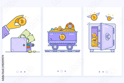 Bitcoin wallet logo with bank card. Trolley with money.Safe with bitcoins.Business concept illustration.Modern thin linear stroke vector icons.
