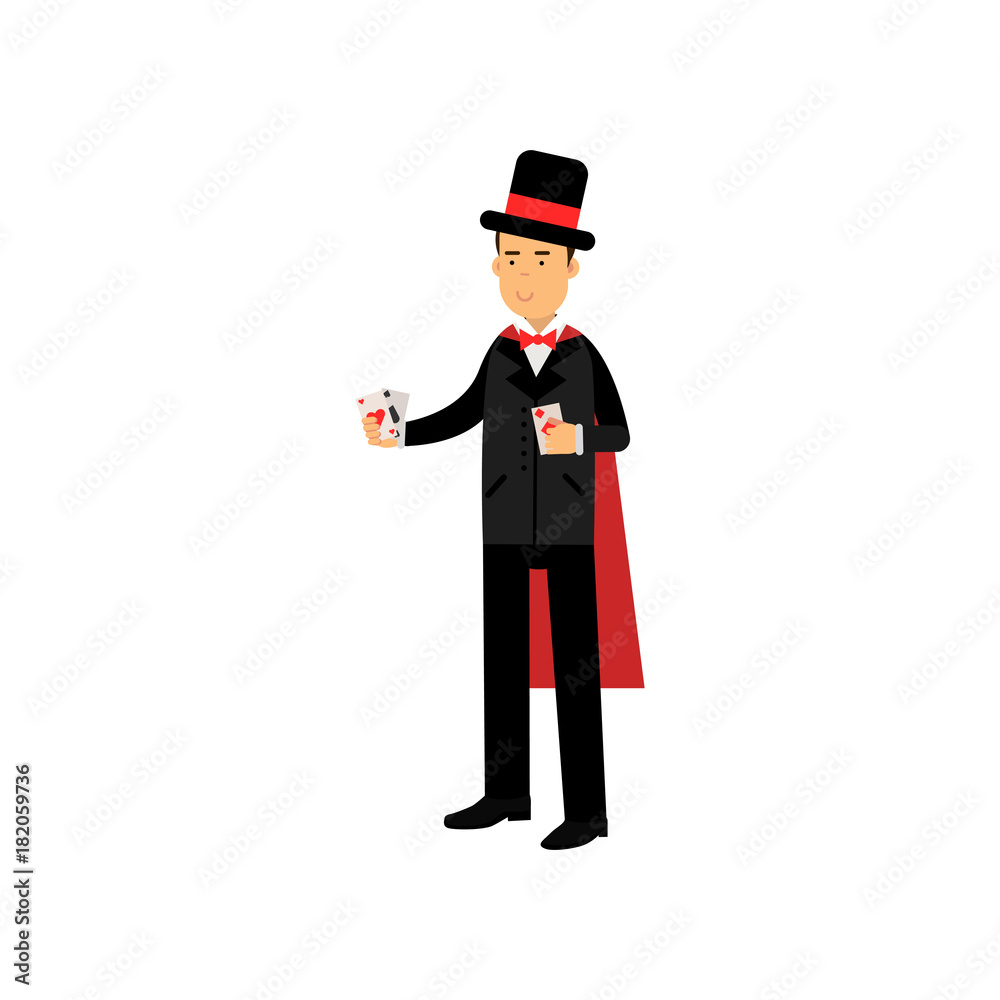 Magician in an elegant black suit and red cape performing trick with playing cards, circus performer vector Illustration