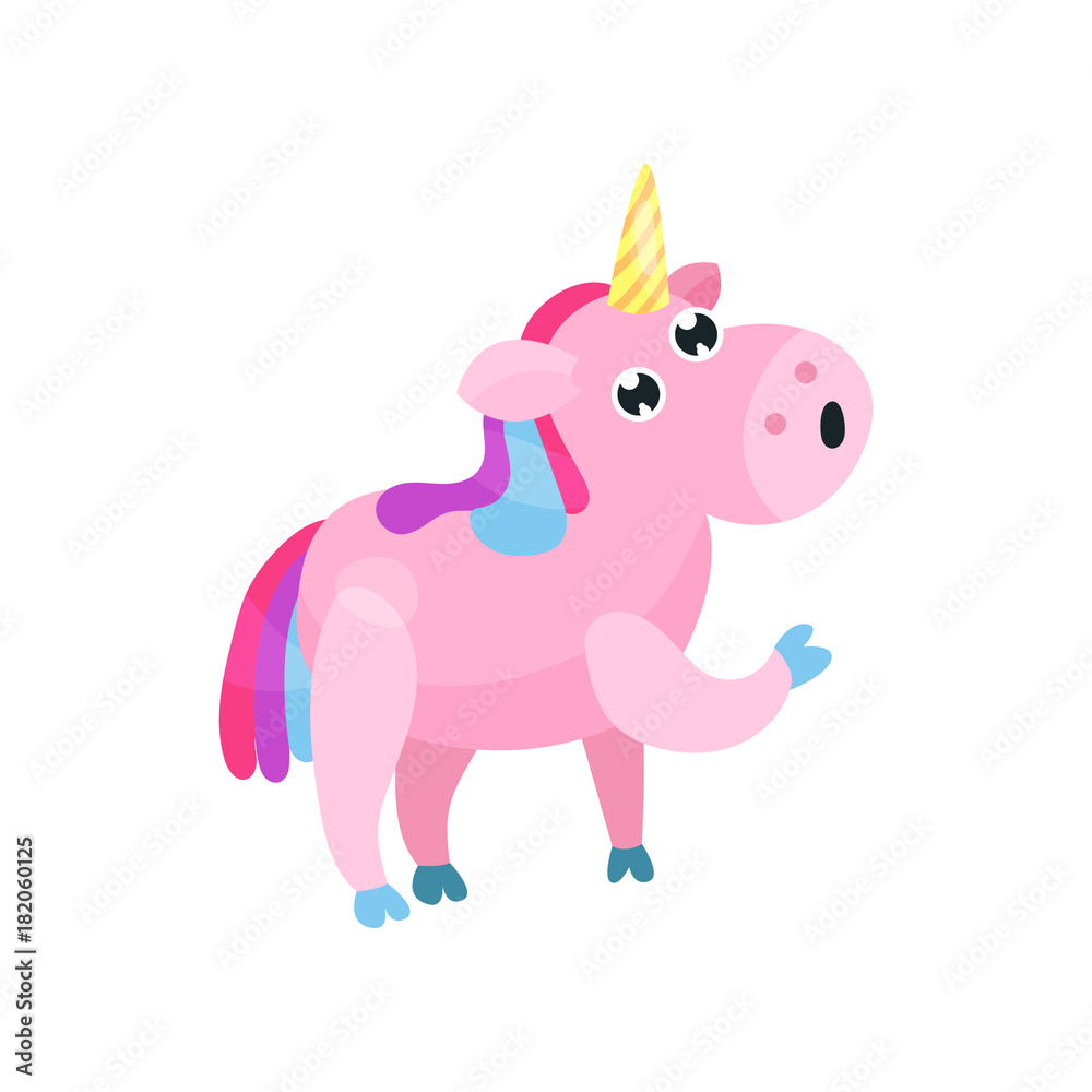 Cute cartoon pink unicorn with multicolored mane vector Illustration