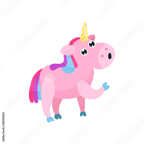 Cute cartoon pink unicorn with multicolored mane vector Illustration