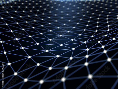 Futuristic polygonal background of low poly surface with connected dots and lines. Abstract 3d rendering.