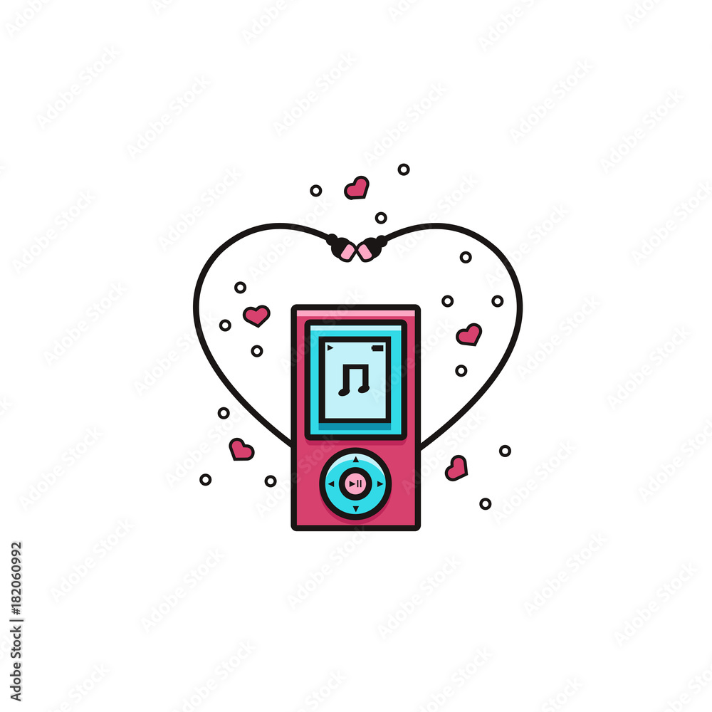 MP3 player with heart-shaped earphones flat color line icon. Music gadget  vector illustration on isolated background. Valentene's day card, poster,  postcard, flyer, banner concept for music lovers. Stock Vector | Adobe Stock