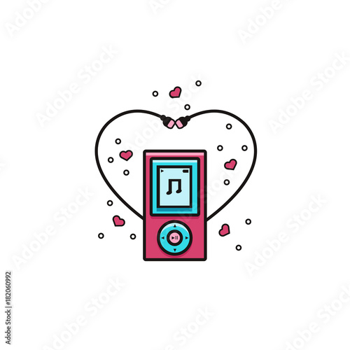 MP3 player with heart-shaped earphones flat color line icon. Music gadget vector illustration on isolated background. Valentene's day card, poster, postcard, flyer, banner concept for music lovers.