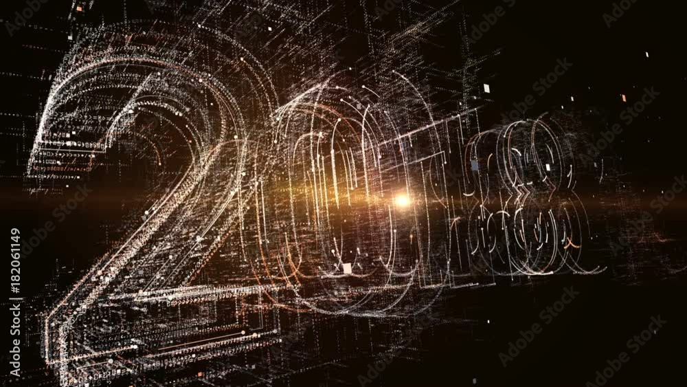 New year 2018 greeting glowing text number and  particles animation