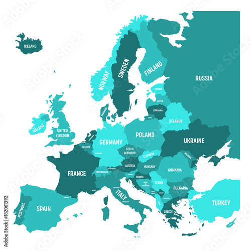 Political map of Europe continent in four shades of turquoise blue with white country name labels and isolated on white background. Vector illustration.