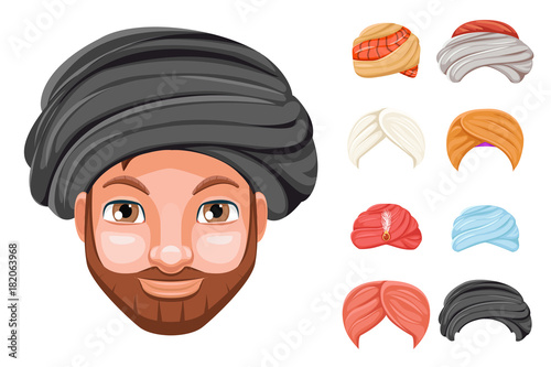 Photo decoration turban fashion headdress arab indian culture sikh sultan bedouin cute beautiful man head hat isolated icons set cartoon design video chat effects portrait mobile phone vector