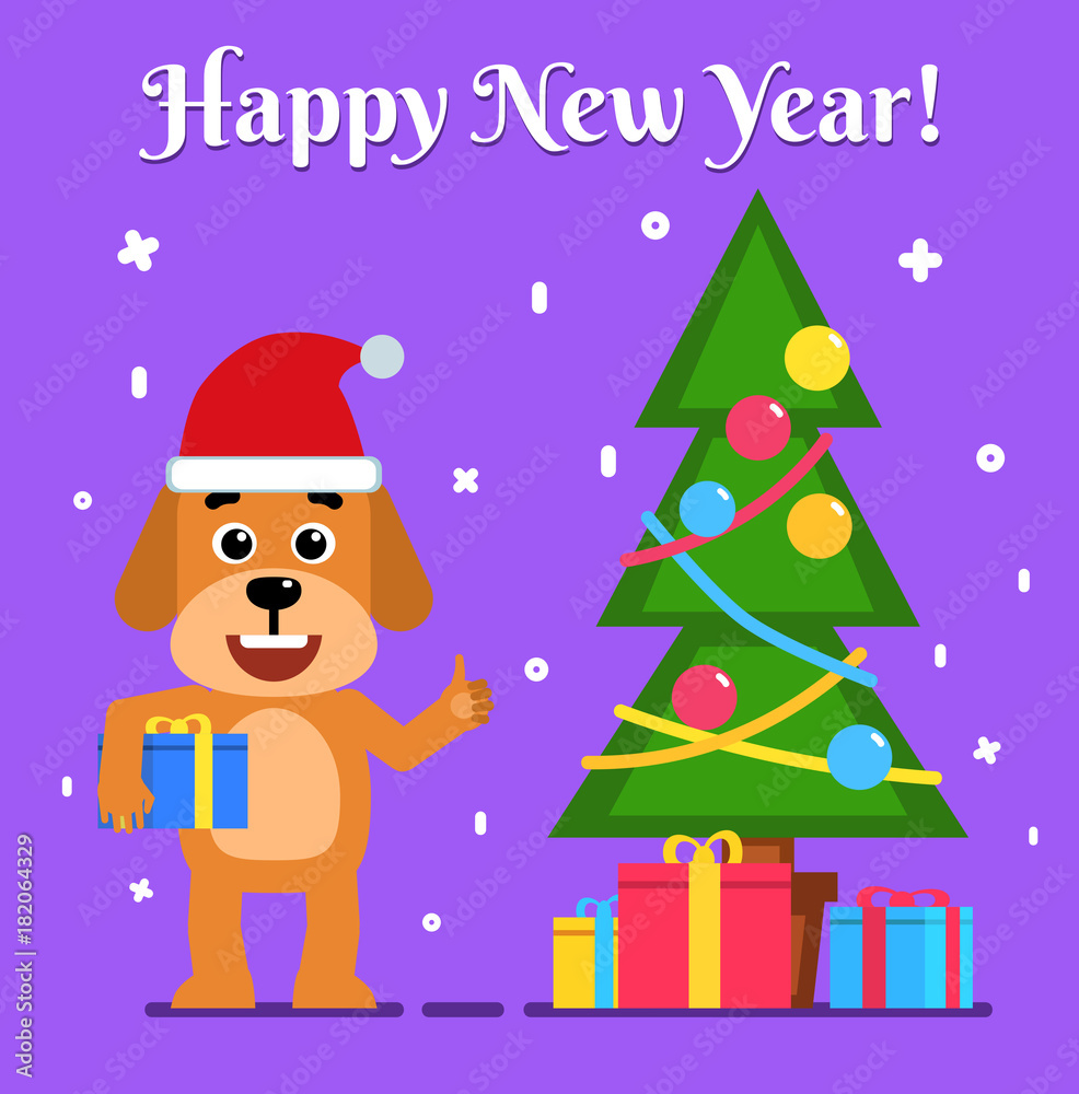 Naklejka premium Cheerful dog holds gift box and stands near Christmas tree. Christmas, New Year greeting card. Flat style vector illustration