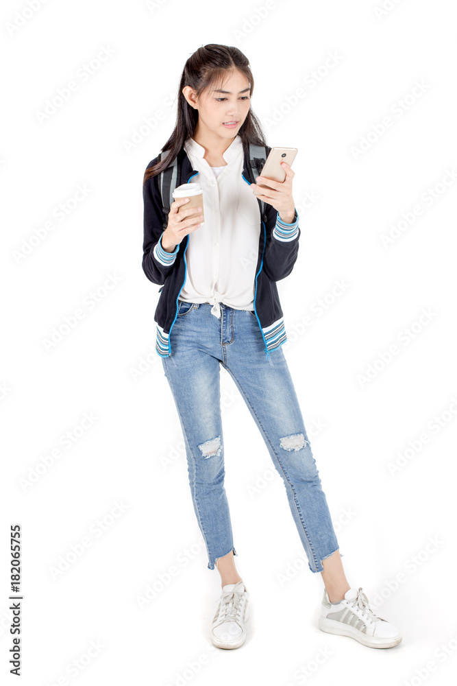 Portrait of Beautiful Young Asian Woman student using smartphone with attractive smiling isolated on white, Woman with Education Concept. Portrait of Beautiful Young Asian Woman student using smartphone with attractive smiling isolated on white, Woman with Education Concept.