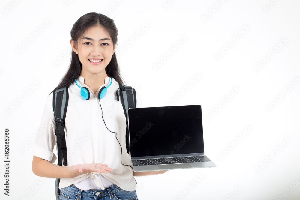 Portrait of Beautiful Young Asian Woman student holding Laptop with attractive smiling isolated on white, Woman with Education Concept. Portrait of Beautiful Young Asian Woman student holding Laptop with attractive smiling isolated on white, Woman with Education Concept.