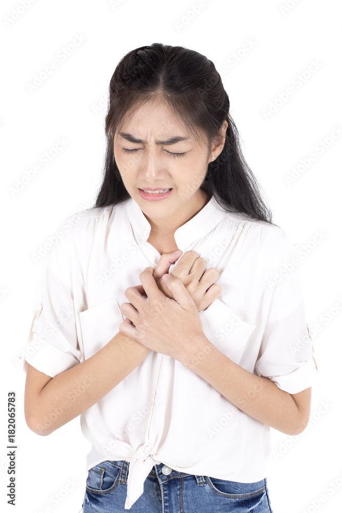 Woman touching her chest with hands. Young asian woman feel pain in her chest . Isolated on white background. Woman touching her chest with hands. Young asian woman feel pain in her chest . Isolated on white background.
