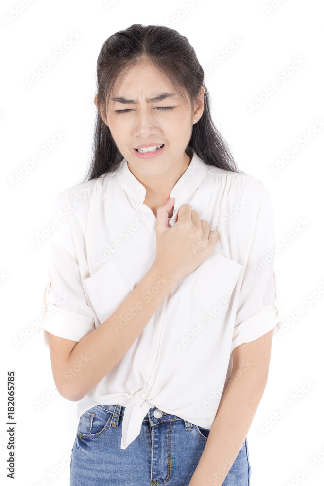 Woman touching her chest with hands. Young asian woman feel pain in her chest . Isolated on white background. Woman touching her chest with hands. Young asian woman feel pain in her chest . Isolated on white background.