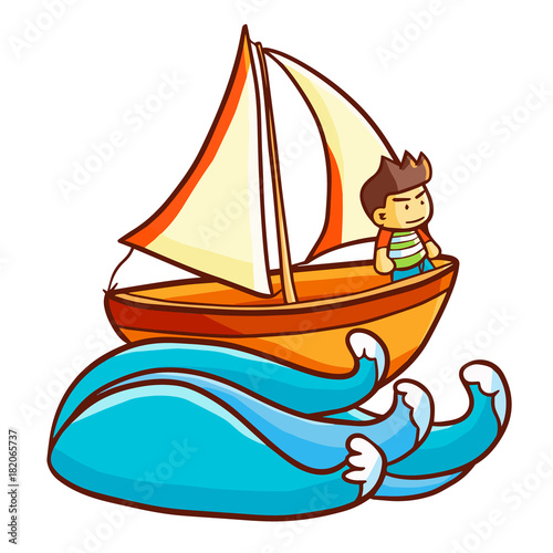 Cute and funny sailboat with man on it sailing on wave - vector.