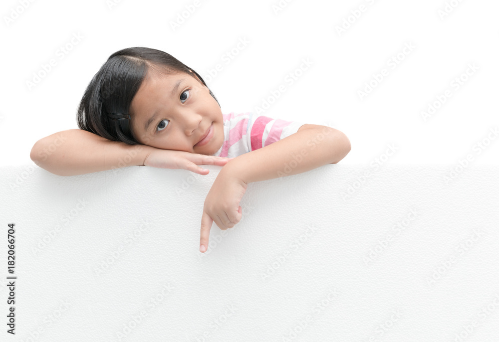 cute asian girl pointing on white banner board cute asian girl pointing on white banner board