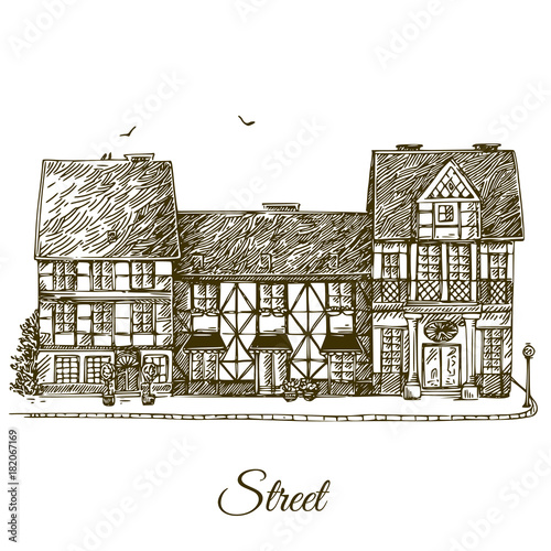 Old street view. Engraving style. Vector illustration.