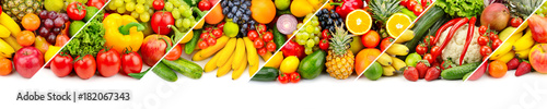 Panoramic collage of fresh fruits and vegetables isolated on white background.