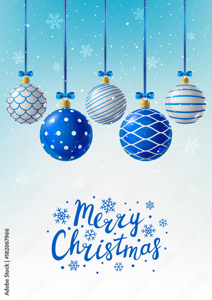 Christmas greeting card with blue Xmas balls