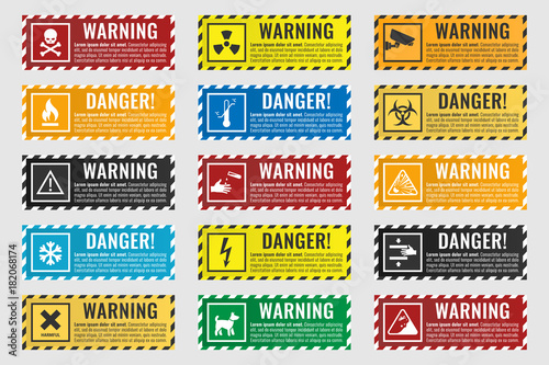 danger sign banner with warning text, vector illustration photo