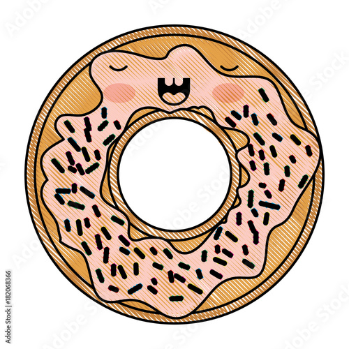 kawaii donut with cream and colours sparks in colored crayon silhouette