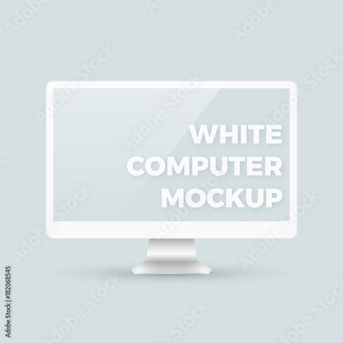 Shiny realistic vector clean white desktop personal computer pc monitor mockup template with blank screen with copyspace for your design