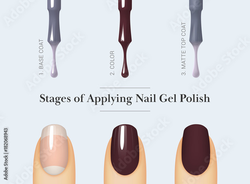 Stages of applying nail gel polish. Brush for nail polish bottle. Isolated on white background. Female finger with manicure. Vector illustration