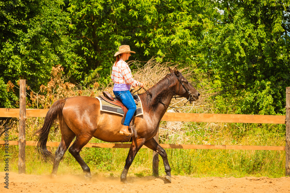 Cowgirl doing horse riding on countryside meadow Cowgirl doing horse riding on countryside meadow