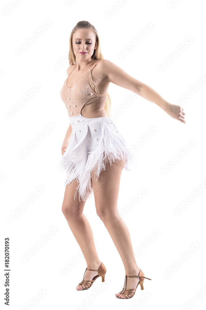 Profile view of skillful female dancer in professional dance costume outfit smiling. Full body length portrait isolated on white background. Profile view of skillful female dancer in professional dance costume outfit smiling. Full body length portrait isolated on white background.