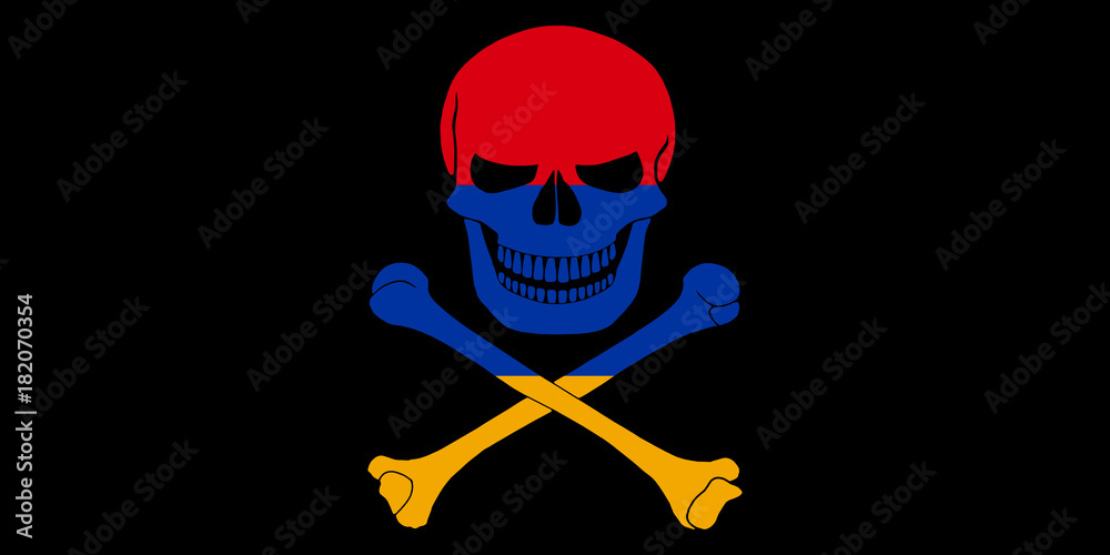 Black pirate flag with the image of Jolly Roger with crossbones combined with colors of the Armenian flag
